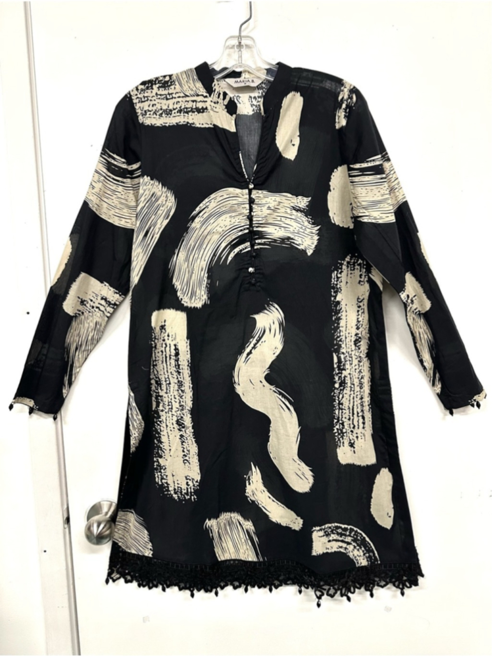 Maria B Cotton Beach Coverup Dress Black Cream Abstract Print Medium